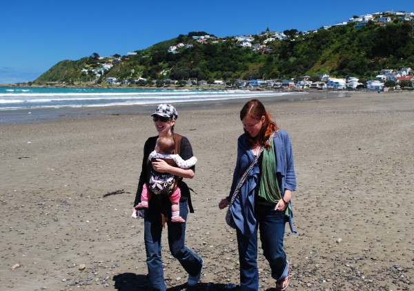 Chatting with Nicola on Lyall Bay Beach - photo by Rob