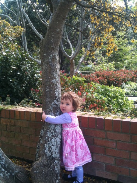 Alice hugging a Kowhai tree