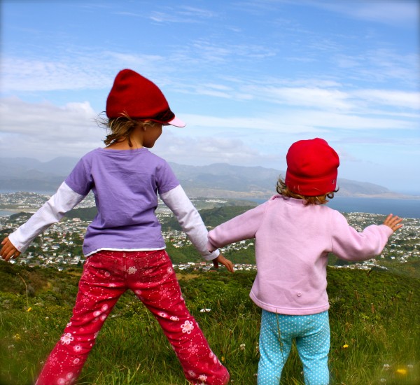 Sophie & Alice on a Wellington hilltop experiencing near flight!