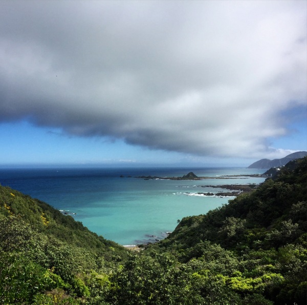 Looking over the Cook Strait, beyond Houghton Bay and Island Bay, to the South Island of New Zealand.