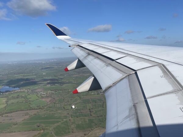 Flying in over the patchwork fields of England.